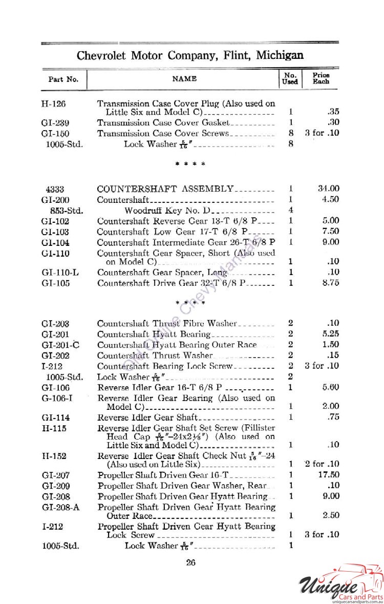 1912 Chevrolet Light and Little Six Parts Price List Page 54